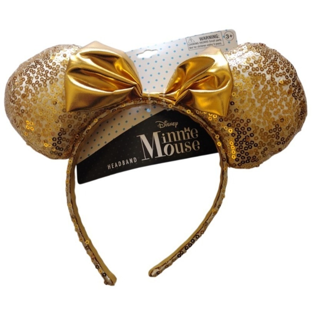 Disney Minnie Mouse Gold Sequined Ears Headband Yellow Gold Bow NWT 3+‎